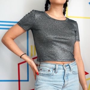 TOPSHOP Silver Metallic Cropped Baby Tee